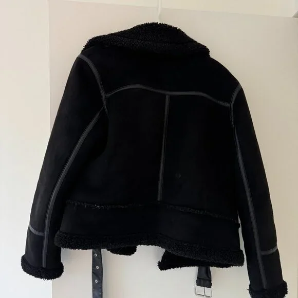 ZARA Faux Fur Shearling Double Faced Moto Jacket with Belt